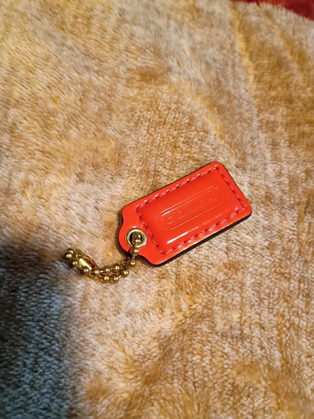 Orange Leather coach Key Tag with Gold Chain